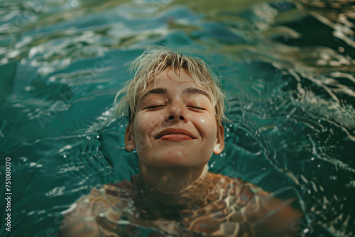 Young happy blonde woman swimming in a natural lake