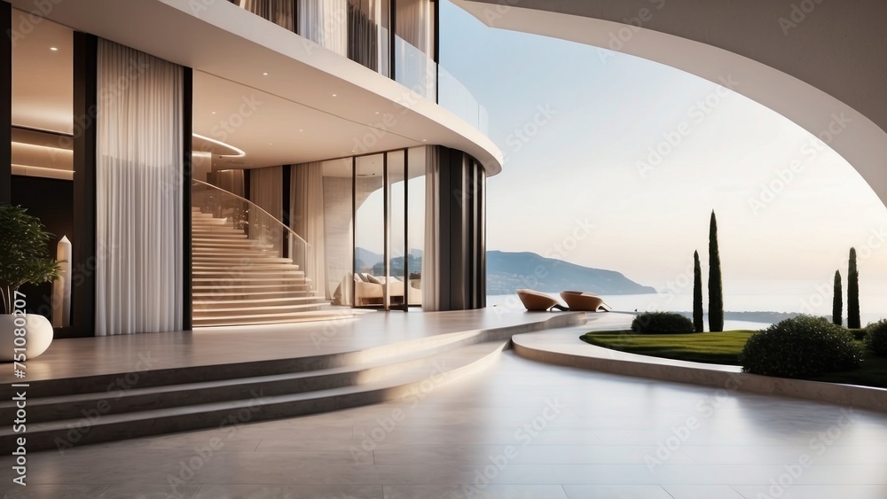 Fototapeta premium Describe the grand entrance of your modern villa, with sleek Italian design, a dramatic foyer, and an immediate view that takes your breath away