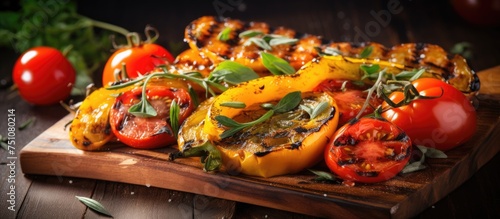 A wooden cutting board is filled with a variety of fresh vegetables like bell peppers, tomatoes, cucumbers, carrots, and onions. Some vegetables are sliced, while others are whole.