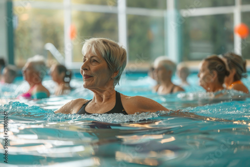 Active senior women enjoying aqua gym class in a pool © Kien