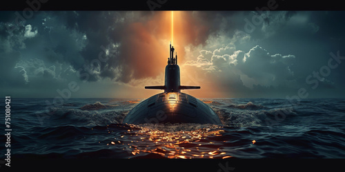 a large navy submarine in the sea with an orange light beam in the sky,the submarine is on the surface of the sea photo