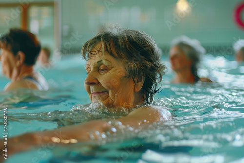 Active senior women enjoying aqua gym class in a pool