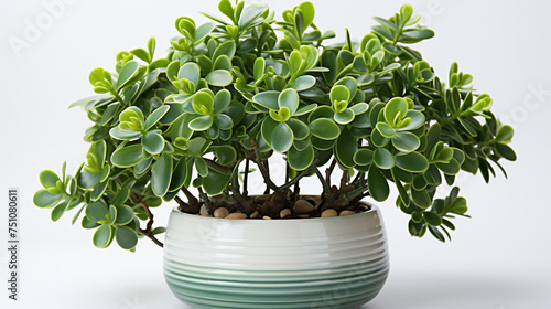 A jade small plant in white pot displaying its vibrant green leaves over white background