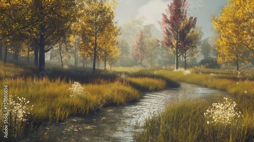 A picturesque meadow with a gentle stream winding through it, surrounded by trees in the midst of their autumn transformation.