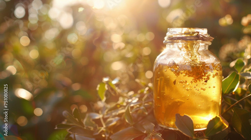 A jar of golden honey glistening in the sunlight made from the nectar of flowers and known for its antibacterial and antiinflammatory properties.