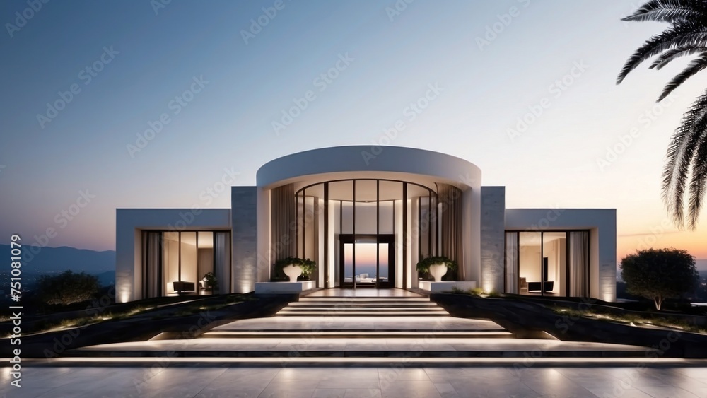 Fototapeta premium Describe the grand entrance of your modern villa, with sleek Italian design, a dramatic foyer, and an immediate view that takes your breath away