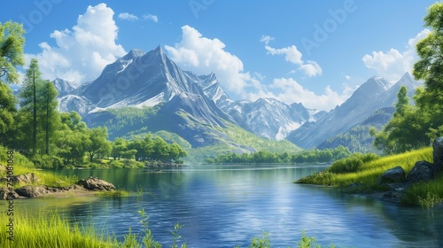 A picturesque mountain scene with a calm river  surrounded by vibrant greenery  against a cloudless blue sky.