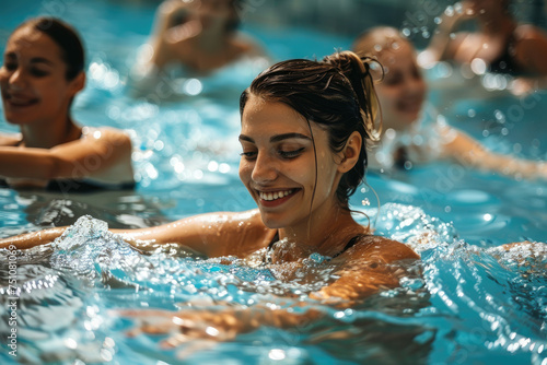 Active young women enjoying aqua gym class in a pool