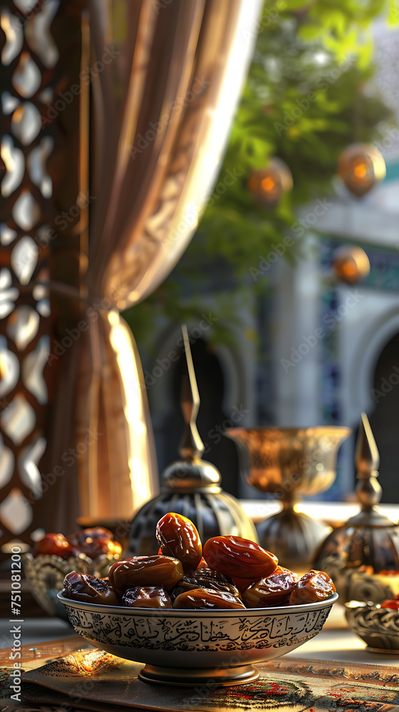 Appetizing Date Palm Fruit Dish Amidst Lantern Lights, Mosque, and Palm Leaves in Evening Glow