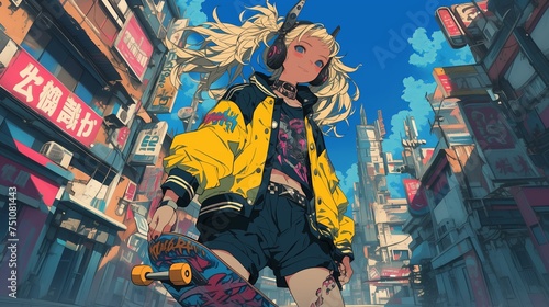 A girl skateboarding on the streets of Harajuku, listening to music with stylish headphones 80s anime rainbow retro fashion 