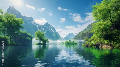 A picturesque mountain scene with a calm river, surrounded by vibrant greenery, against a cloudless blue sky.