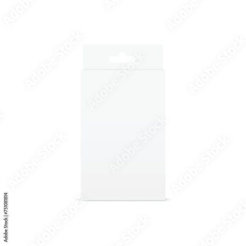 Realistic white box packaging with hanger isolated on white background. vector