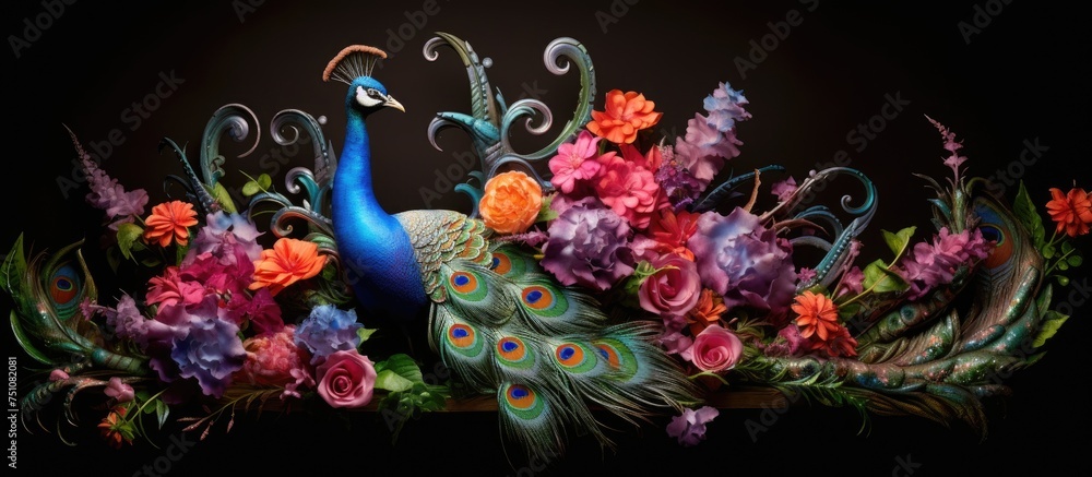 A splendid peacock adorned with colorful feathers stands gracefully among vibrant flowers on a dark black backdrop. The intricate details of the peacocks plumage and the delicate petals of the flowers