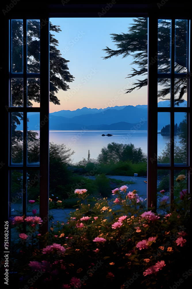 Serene Morning Lakeside View from A Window: A Glimpse of Nature’s Calmness and Beauty at Dawn