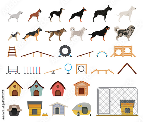 Dogs set color flat icons. Dog training equipment and dog houses.