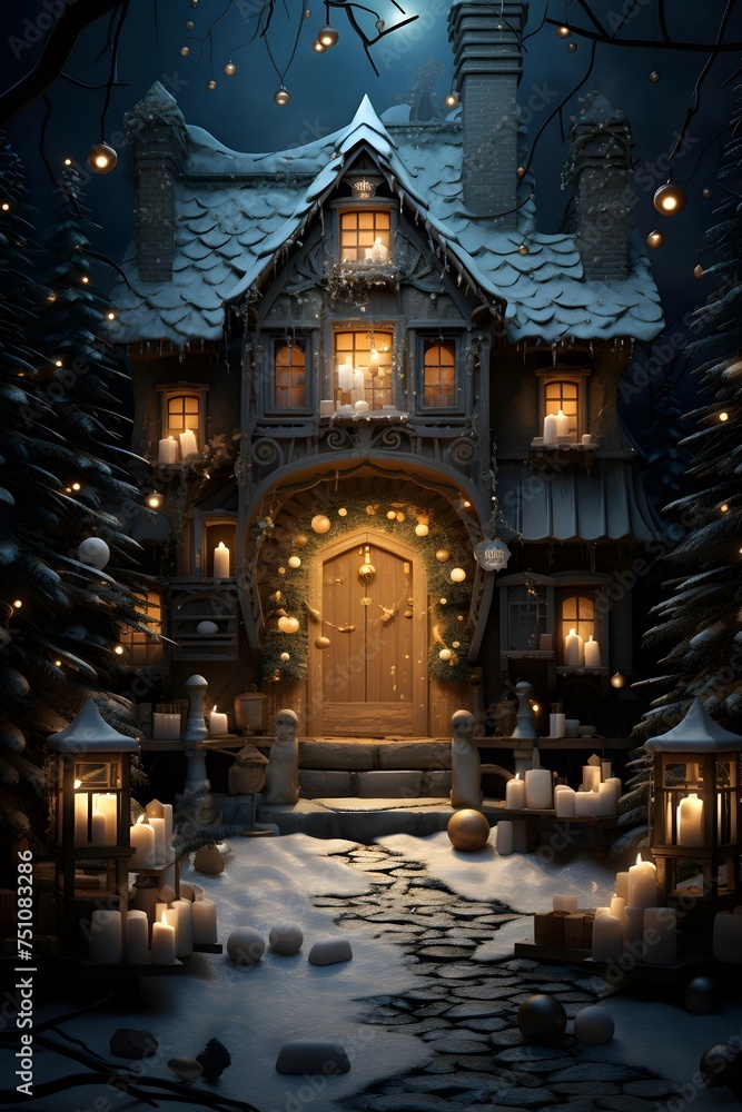 Christmas and New Year's scene with a house, candles and snow