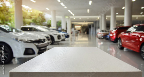 Empty table on a background of cars in the showroom, car dealership, blurred defocused background for montage of products, space for text 