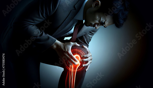 Businessman in pain clutching his knee with glowing red highlights indicating injury or arthritis. photo