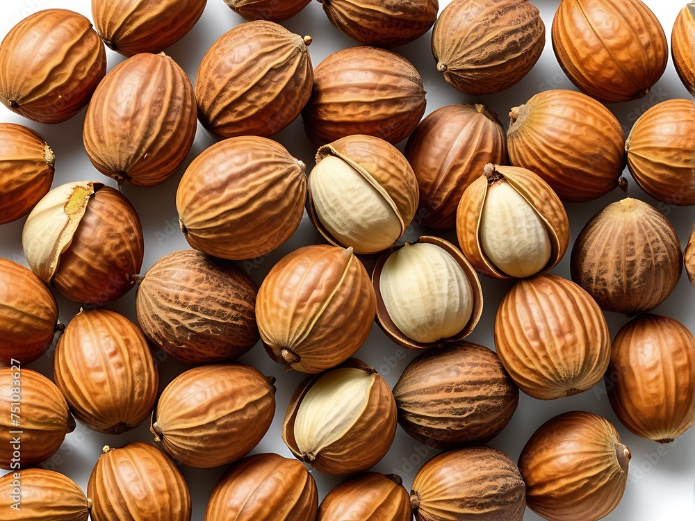 Assortment of whole and cracked open brown nutmegs on a white background. Assortment of whole and cracked open brown nutmegs on a white background.