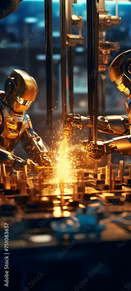 a flaming Tiny cyborg figures are at work on a gold machine transforming it into a miniature gold factory shaped wallpaper design abstract organic colorful background 9:20, ai generative a flaming Tiny cyborg figures are at work on a gold machine transforming it into a miniature gold factory shaped wallpaper design abstract organic colorful background 9:20, ai generative