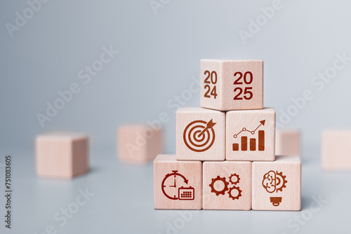 2025 growth business. wooden block with 2024 change to 2025, Set up objective target business cost and budget planning for new year concept photo