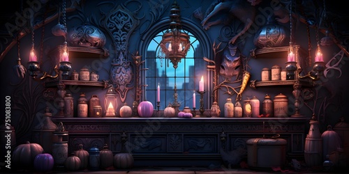 3d illustration of a fantasy room with a lot of magic objects photo