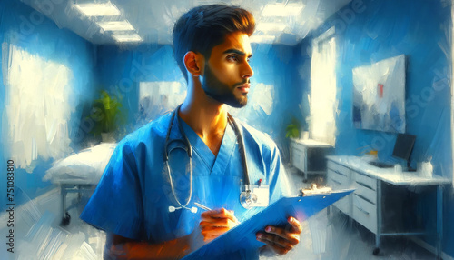 Male Nurse with clipboard, painterly style, stucco with brush strokes, Blue styles illustration 
