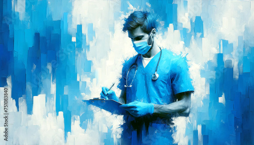 Male Nurse with clipboard, painterly style, stucco with brush strokes, Blue styles illustration 