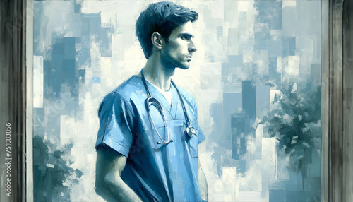 Male Nurse with clipboard, painterly style, stucco with brush strokes, Blue styles illustration 
