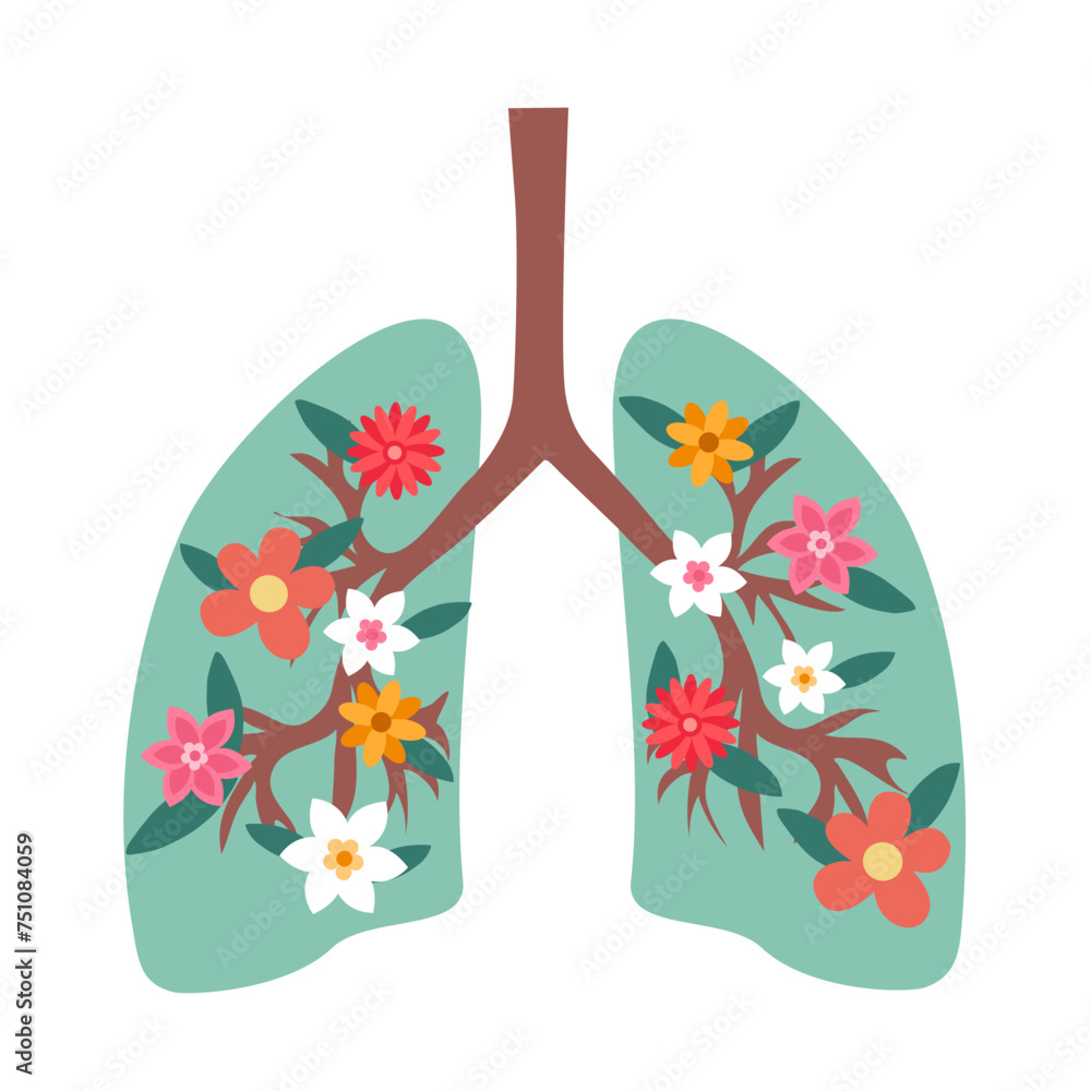 Healthy lungs concept. Bronchus and lungs in flowers. Floral Scheme of Anatomy. Elegant diagram of respiratory system.