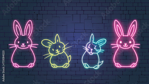 Ilustrações em néon de coelhos coloridos sobre fundo de parede de tijolos escuros. photo