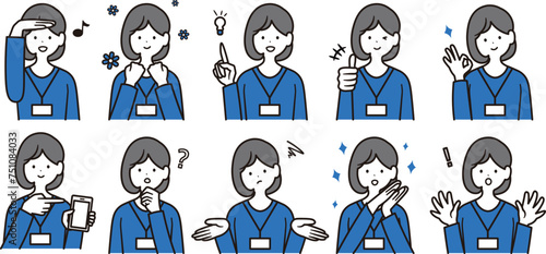 社員証を下げた日本人女性会社員のイラスト素材10点セット