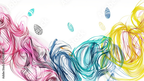 Linhas abstratas fluidas em cores vibrantes com folhas estilizadas flutuando em um fundo branco. photo