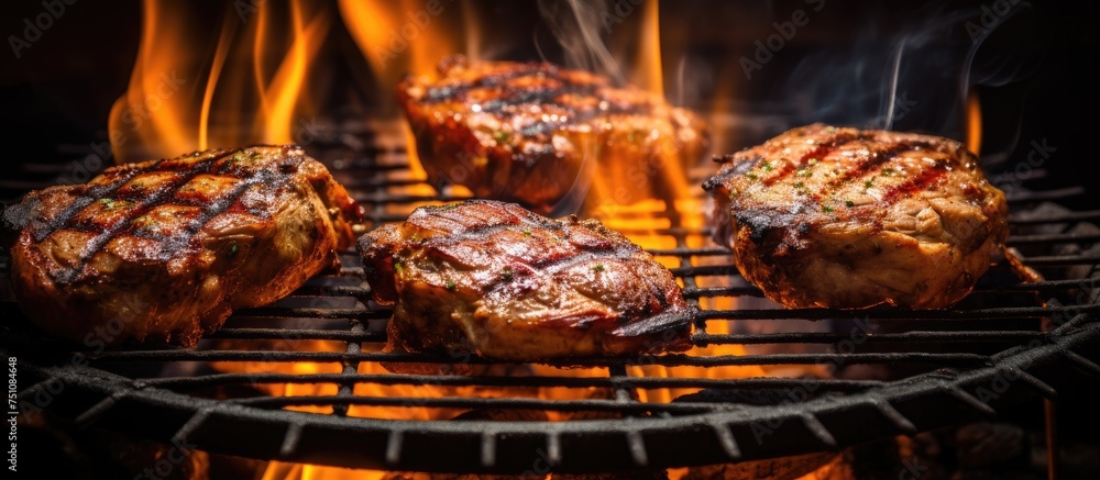 Juicy steaks sizzle on a hot grill as flames leap in the background. The meat is searing to perfection, with grill marks forming on the surface, releasing a tantalizing aroma.