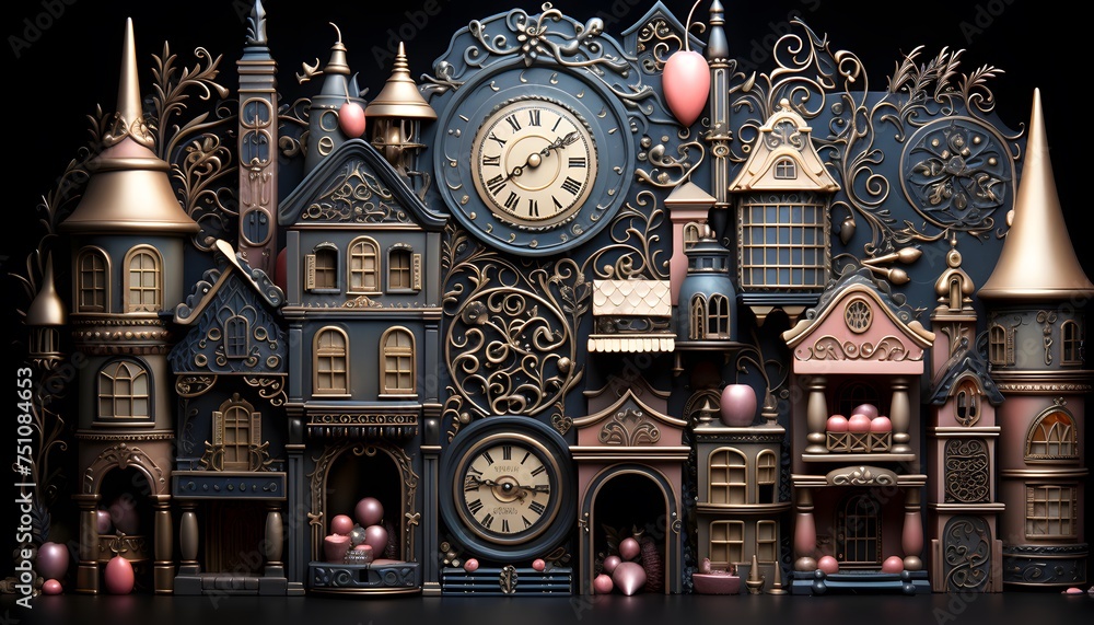 A 3D rendering of a group of toy houses on a black background