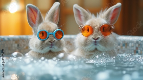 Playful White Rabbit in Sunglasses Enjoying Bubble Bath, Afternoon Sunlight, Vibrant Style photo