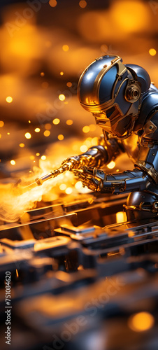 a flaming Tiny cyborg figures are at work on a gold machine transforming it into a miniature gold factory shaped wallpaper design abstract organic colorful background 9:20, ai generative