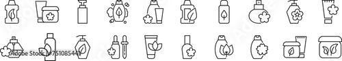 Collection of thin vector images of various cosmetic bottles. Editable stroke. Simple line icon for web sites, newspapers, articles book