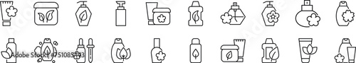 Vector images of various cosmetic bottles drawn with thin line . Editable stroke. Simple linear illustration for web sites, newspapers, articles book