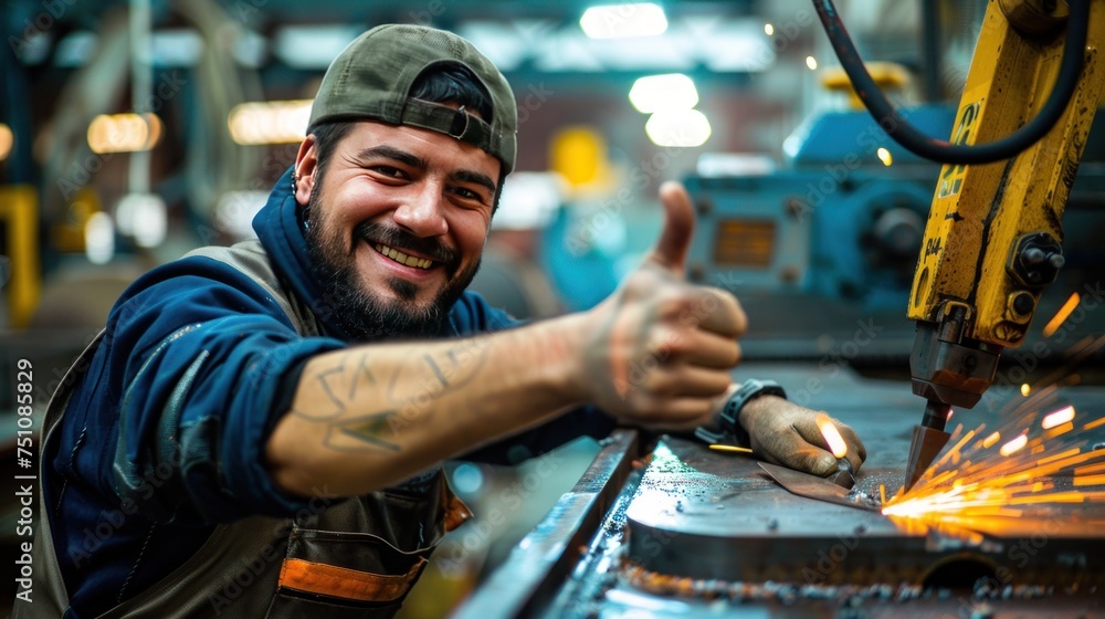 A professional industrial machine operator smiles at the camera by giving a thumbs up next to a plasma cutter.