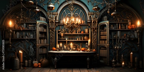 3d illustration of a fantasy dark room with a fireplace, candles and books © Iman