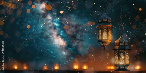 Ramadan lanterns with lights against a starry night sky backdrop, symbolizing the holy month of fasting.