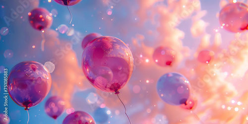 various pink and blue balloons floating into the air,pink and blue balloons with confetti on blue background, happy birthday party, empty space for text