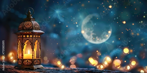 Traditional lantern against a dreamy night sky with crescent moon and twinkling lights  symbolizing Ramadan.
