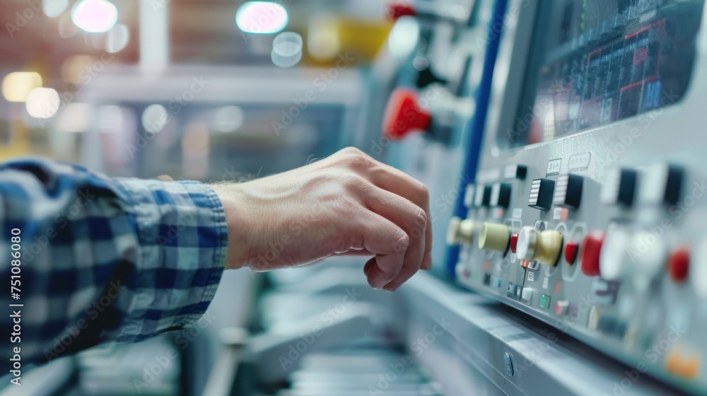 The worker presses buttons of the panel of the machine tool with numerical programmed control The worker presses buttons of the panel of the machine tool with numerical programmed control
