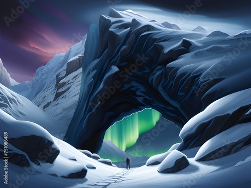 Amazing view from rocky cave of green aurora photo