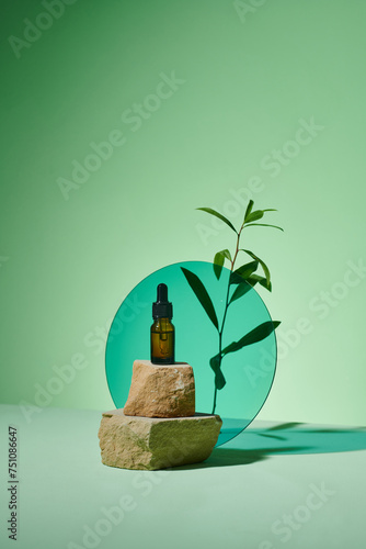Brown bottle of essential oil and tea tree on green background photo