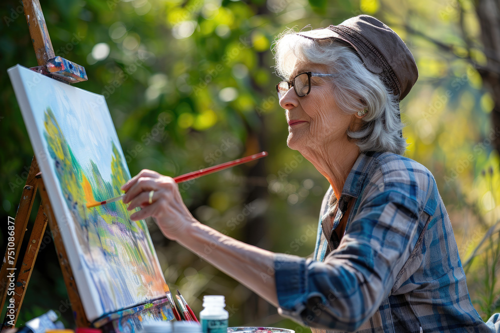 female senior artist painting outdoor on a canvas Stock Photo | Adobe Stock