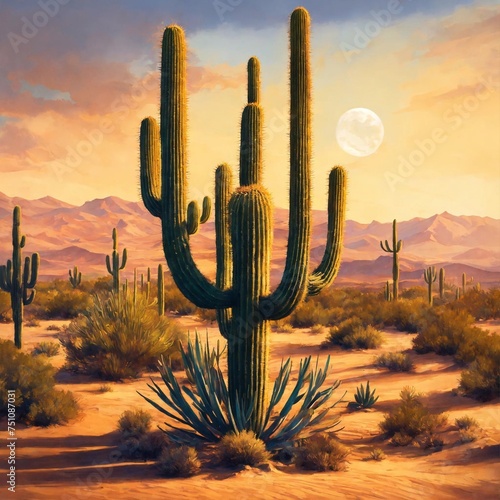 Big Tall Saguaro Cactus in the Middle of the Desert. Generative Ai. Ai