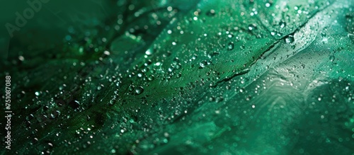 A detailed view of a green umbrella covered in water droplets, showcasing its textured surface and shiny appearance on a rainy day.
